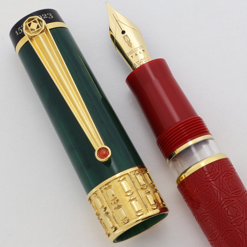 Delta Pietro Vannucci Dietto LE Fountain Pen (#021/188) - Chased Red Resin Barrel w Dark Green Resin Cap, Vermeil Trim, Piston Filler, Extra-Fine 18k Delta Nib (Near Mint, Works Well)