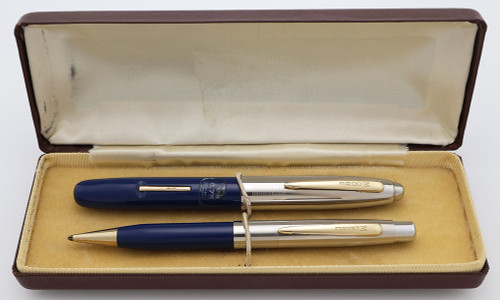 Moore 76-B Fingertip Fountain Pen and Pencil Set (1948) - Hard to Find 2nd Generation, Blue w Chrome Cap, 14k Medium Nib (Excellent +in Box, Restored)
