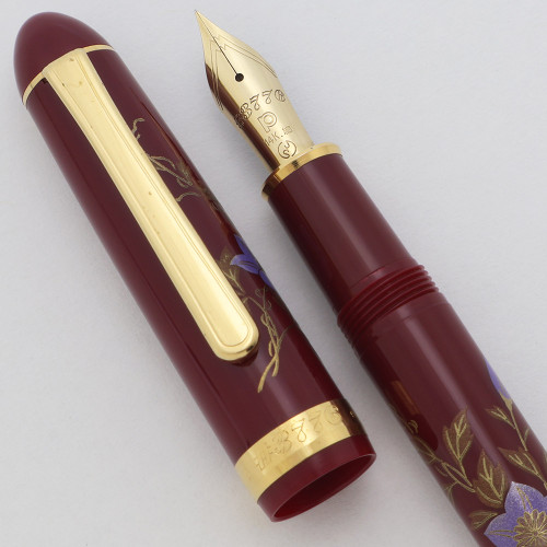 Platinum 3776 Maestro Fountain Pen (2010) - Burgundy w GT Maki-e Morning Glory, C/C,  Extra-Fine 14k Nib (Excellent +, Works Well)