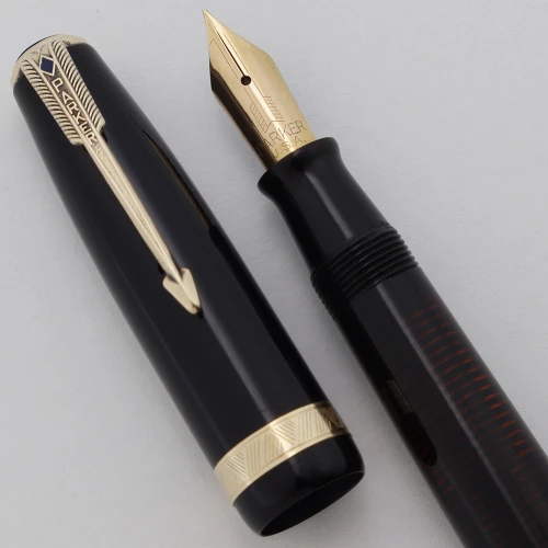 Parker Vacumatic Major Fountain Pen (1948) - Black w GT, Blue Diamond Clip, Extra Fine Gold Vac Nib (Excellent, Restored)