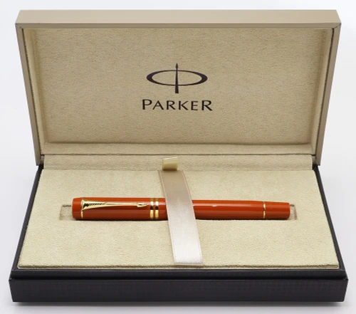 Parker Duofold International Mark III Fountain Pen (2014) - "Big Red" (Orange) w Gold Trim, Fine 18k Nib (Near Mint in Box, Works Well)