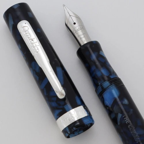 Conklin Glider Modern Fountain Pen - Black and Blue with Chrome Trim, Medium Steel Nib (Excellent, Works Well)
