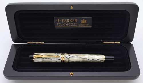 Parker Duofold Centennial (1996) - Black and Pearl w/GT, Fine 18k "Banner" Style Nib (Excellent + in Box, Works Well)