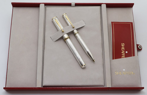 Sheaffer Grand Connaisseur Fountain Pen and Ballpoint Set (1988-96) - Sterling Silver w/Lined Pattern, C/C,  Two-Tone 18k Fine Nib (Excellent in Box, Work Well)