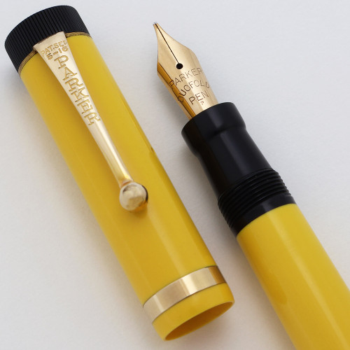 Parker Duofold Junior Fountain Pen (1920s) - Mandarin Yellow w GT and Black Ends,  Medium Gold Nib (Excellent +,  Restored)