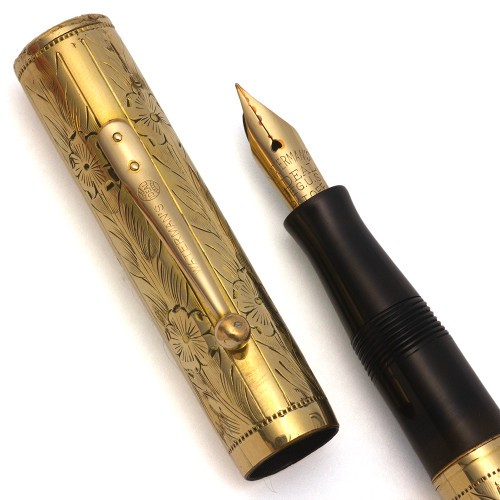Waterman 0552 Fountain Pen (1920s, USA) - Engraved Floral Pattern w Plain Panels, Lever Filler, Extra Fine Flexible Gold Nib (Excellent, Restored)