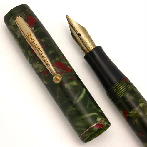 Waterman 52 Fountain Pen (Canada) - Green and Red Marble Celluloid, Medium Flexible Nib (Excellent +, Restored)