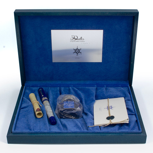 Delta Israel 50 LE Fountain Pen (1998) - White & Blue Resin, Sterling Trim, Lever Filler,  18k Medium Nib (Mint in Box, Works Well)