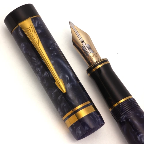 Parker Duofold Centennial Fountain Pen (1987, UK) - Blue Marble w/GT, #31 Fine 14k Nib (Excellent, Works Well)