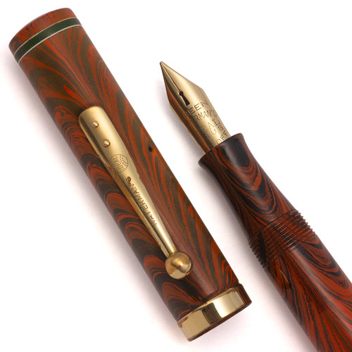 Waterman 7 Colorband Fountain Pen - Red Ripple, Lever Filler, Medium "Green" Rigid Nib (Excellent +, Restored)
