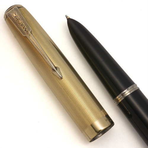 Parker 51 Vacumatic Fountain Pen (1946) - Black w GF Parallel Lines Cap, Blue Diamond, Fine (Excellent +, Restored)