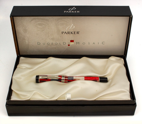 Parker Duofold International SE Fountain Pen (2002) - Red Mosaic w/Platinum Coated Trim, C/C, 18k Medium Italic (Excellent + in Box, Works Well)
