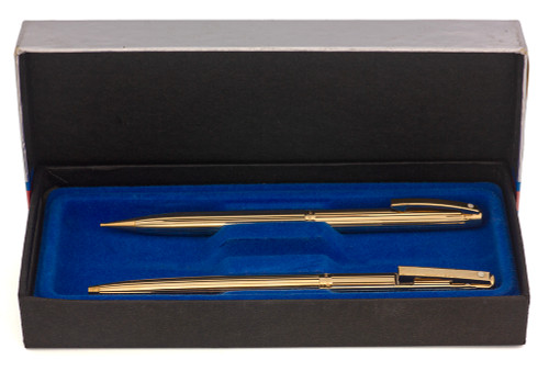 Sheaffer Imperial 797 Ballpoint Pen & Pencil Set  (1970s) - Gold Plated Fluted (Near Mint in Box, Works Well)