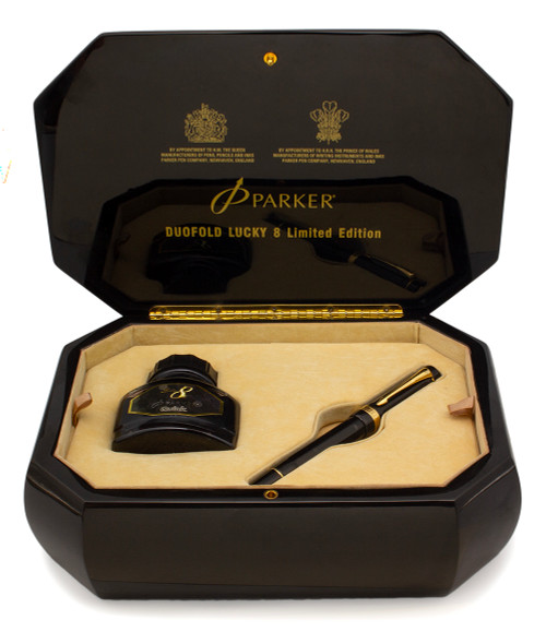 Parker Duofold "Lucky 8" LE Fountain Pen (2008, #1391/3888) - Black w Grey Shadows, Octagonal Faceted, C/C, Medium Italic 18k Nib (Superior in Box)