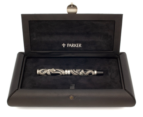 Parker Snake (1997) LE Fountain Pen (#1036/5000) - Black w Sterling Snake Overlay, C/C, Medium 18k Nib (Excellent + in Box, Works Well)