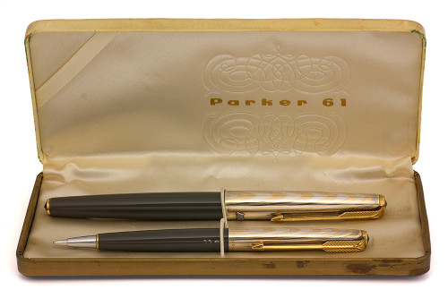 Parker 61 Heritage Fountain Pen & Liquid Lead Pencil Set - First Edition, Grey, Rainbow Cap, Medium Nib (Excellent + in Box, Works Well)