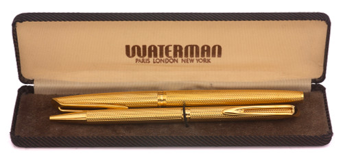 Waterman CF Fountain Pen and Ballpoint Set - Gold Plated Barleycorn, Fine Nib (Excellent in Original Box, Works Well)