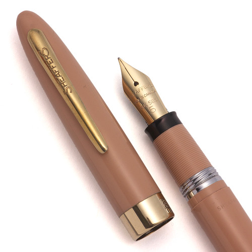 Sheaffer Admiral Snorkel Fountain Pen (Canada, 1950s) - Buckskin Tan w/GT, Fine 14k #5 Nib (Excellent + in Box, Restored)