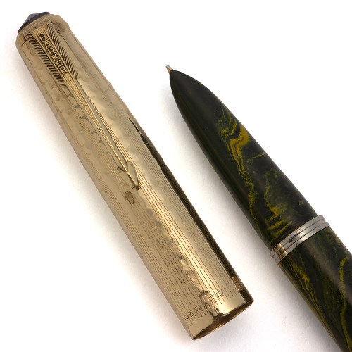 Parker Ariel Kullock "Fantasy 51" Aerometric - Yellow Black Ebonite Barrel/Section, Hammered "Martele" GF Lined Cap, Fine Gold Nib (Excellent +, Works Well)