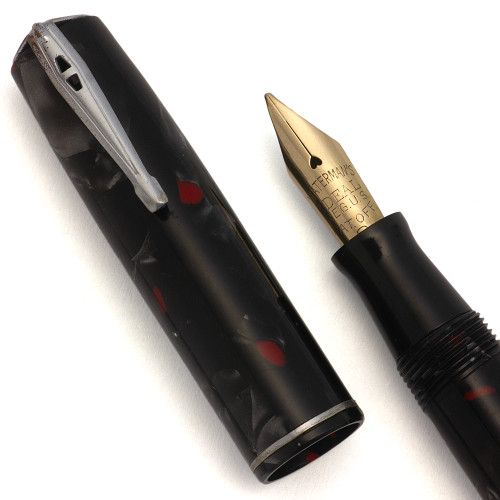 Waterman 3V Fountain Pen (1930s) - Black/Grey/Red w Nickel Trim, Medium Flexible Ideal Nib (Excellent +, Restored)