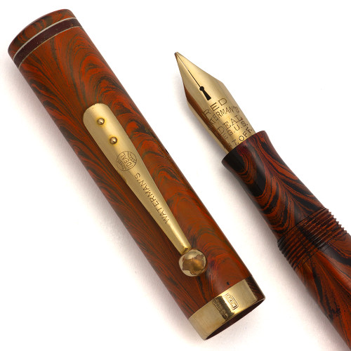 Waterman 7 Colorband Red Ripple Fountain Pen - Red Band, 9k Cap Band, Flexible Medium-Fine Nib (Excellent, Restored)