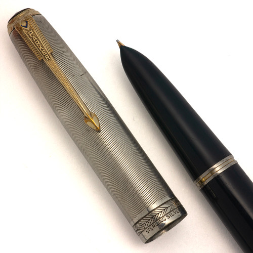 Parker 51 Vacumatic Fountain Pen (1946) - Blue Cedar, Sterling Silver Lined Cap, Gold Clip, Medium Gold Nib (Very Nice, Restored)