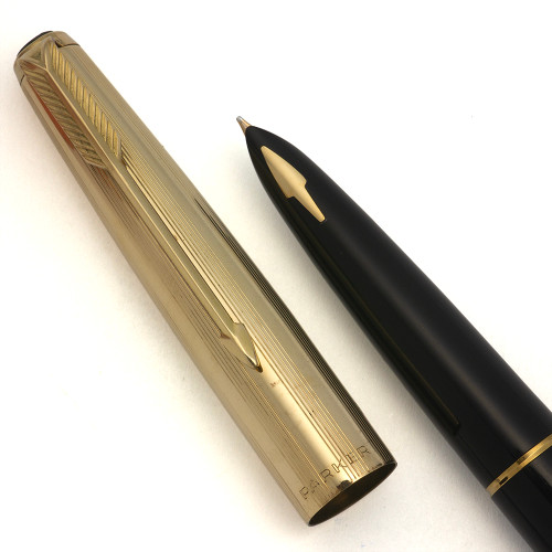Parker 61 Fountain Pen, Mk II (UK, 1959-62) - Black w Lined Gold Filled Cap, Capillary Filling System, Medium Gold Nib (Excellent +, Works Well)