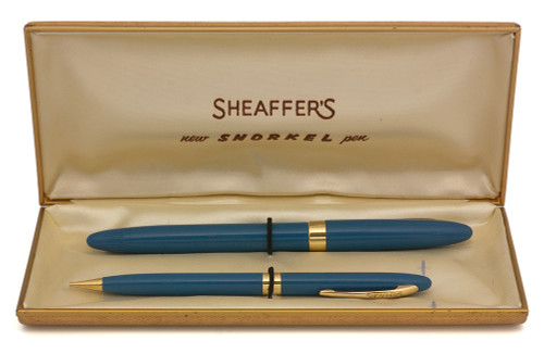 Sheaffer Admiral Snorkel Fountain Pen and Pencil Set (1950s) - Pastel Blue w/GT, Medium 14k #5 Nib (Excellent in Box, Restored)