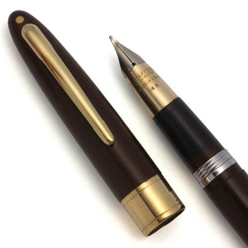 Sheaffer Valiant Fountain Pen (1950s) - Touchdown, Brown w GT, Medium 14k Triumph Nib (Excellent, Restored)
