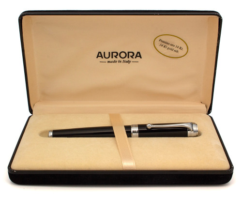 Aurora Talentum Fountain Pen - Black w Chrome Trim, C/C, 14k Italic Nib (Excellent + in Box, Works Well)