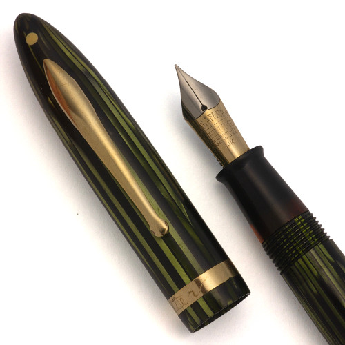 Sheaffer Balance Lifetime 1000 Fountain Pen (1940s) - Green Striated, Radius Clip, Lever Fill, 14k Fine Nib (Excellent, Restored)
