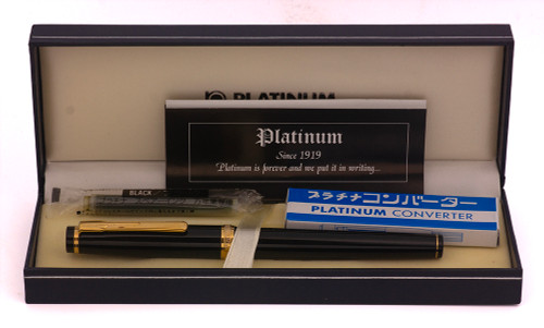 Platinum President Fountain Pen (1990s) - Black w/GT, C/C, Fine 22k Nib (Excellent + in Box, Works Well)
