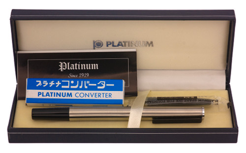 Platinum Haiku/BelAge Flighter Fountain Pen (c.1980s) - Brushed Chrome w Black Trim,  C/C, Medium 14k Nib (Near Mint in Box, Works Well)