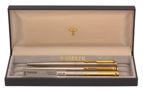 Parker 95 Ballpoint, Rollerball and Pencil Set  (1987) - Flighter with Gold Trim  (Excellent + in Box, Works Well)