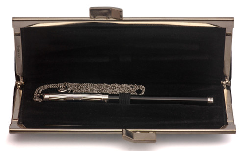 Waldmann Ballpoint Chatelaine Pen w Case - Black and Silver, Moire Cap Pattern, Leather Clutch (Excellent in Case, Works Well)