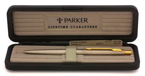 Parker 75 Classic Ballpoint Pen (1990) - Stainless Steel Flighter w GT (Near Mint in Box, Works Well)