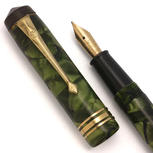 Conway Stewart 388 Fountain Pen (1950s) - Green Marbled w GT,  Lever Filler, 14k Fine Nib (Excellent, Restored)