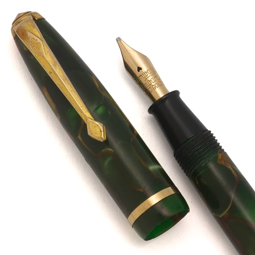 Conway Stewart 550 "Dinkie" Vintage Fountain Pen - Green-Gold Marble, Medium 14k Nib (Very Nice, Restored)