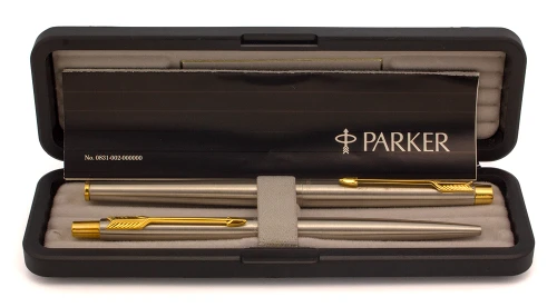 Parker International Classic Fountain Pen-Ballpoint Set (1989-94) - Flighter Brushed Chrome w GT, Fine Triangular Nib (Excellent + in Box, Works Well)