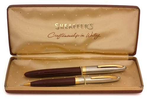 Sheaffer Sentinel TM Fountain Pen & Pencil Set  (1950-52) - Burgundy w Lined Steel Cap & Gold Trim, Touchdown, Fine 14k Triumph Nib (New Old Stock in Box, Restored)