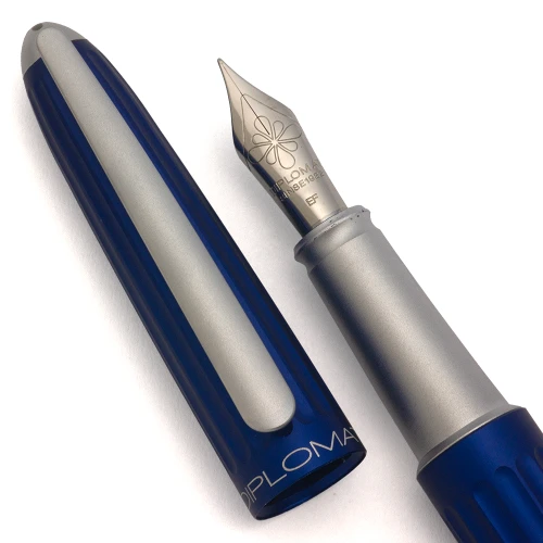 Diplomat Aero Fountain Pen - Blue Anodized Aluminum w Silver, EF Steel Nib (Near Mint, Works Well)
