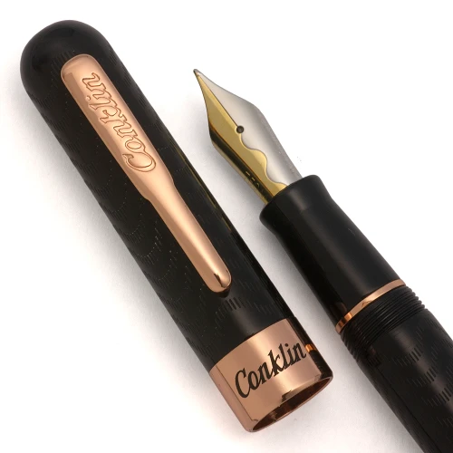 Conklin Mark Twain Crescent Filler Fountain Pen - Chased Black w Rose Gold Trim, Medium 18k Loiminchay Nib (Excellent +, Restored)
