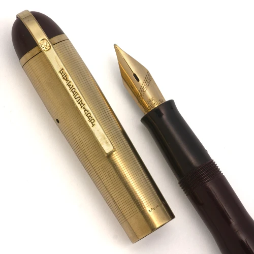 Eversharp Skyline Fountain Pen (1940s) - Burgundy Barrel, Gold Lined Cap, Lever Filler, 14k Flexible Medium Nib (Excellent, Restored)