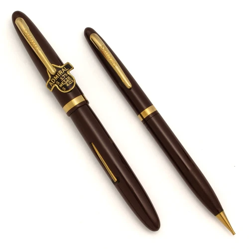 Sheaffer Admiral Fountain Pen and Pencil Set - Lever Filler, Brown w GT, Medium 14K Feathertouch Nib (Superior, Restored)
