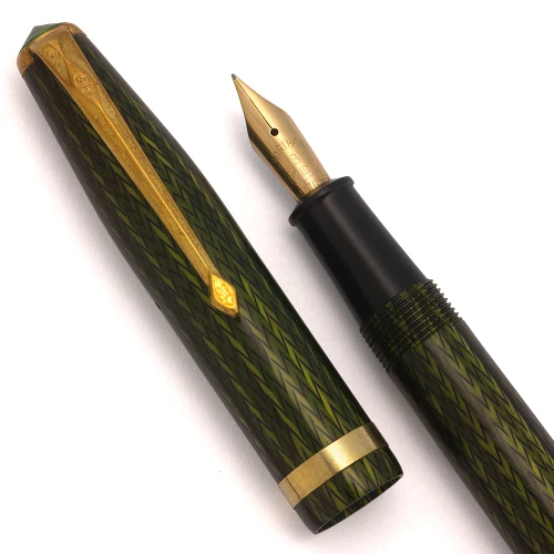 Conway Stewart Shorthand Fountain Pen (1950s) -  Green Herringbone, Lever Filler, 14k Shorthand #3 Nib (Excellent, Restored)