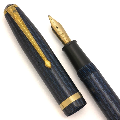 Conway Stewart 85L Fountain Pen - 1950s, Blue Herringbone, Flexible Medium 14k Nib (Excellent, Restored)