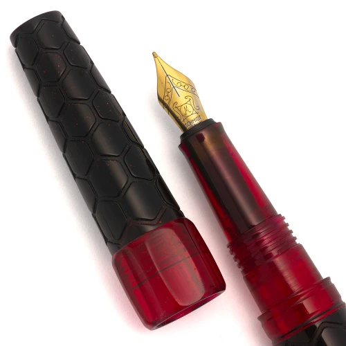 Benu Hexagon Fountain Pen (2019)  - Red/Black Sparkle, C/C, Medium GP Iridium Point Nib (Excellent +, Working Well)