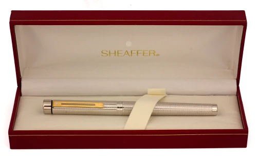 Sheaffer Targa 1010x  Fountain Pen (1980s) - Silverplated Diamond Squares w GP Trim, C/C, 14k Stub Nib (New Old Stock in Box)
