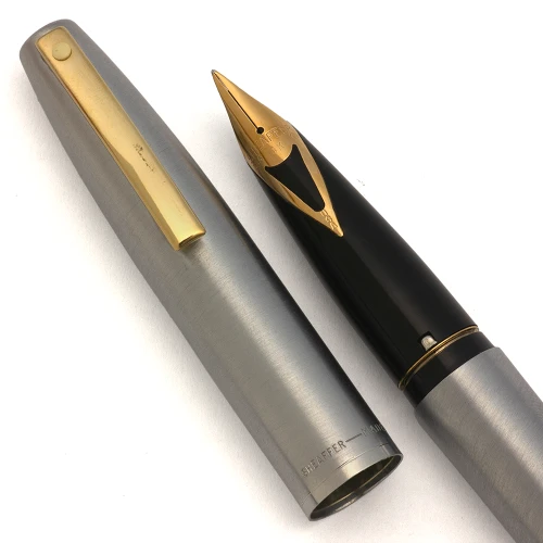 Sheaffer 444 XG Fountain Pen (1970s, USA) - Brushed Chrome w/GT, C/C, Fine V-Inlay Nib (Excellent +,  Works Well)