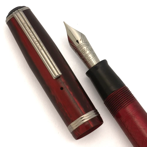 Esterbrook J Fountain Pen (1950s)  - Red w Steel Trim, Lever Filler, Firm Medium Osmiridium Tip (#3550) Steel Nib (Excellent, Restored)